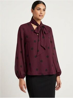Worthington Plum Polka Dot Bow Tie Blouse